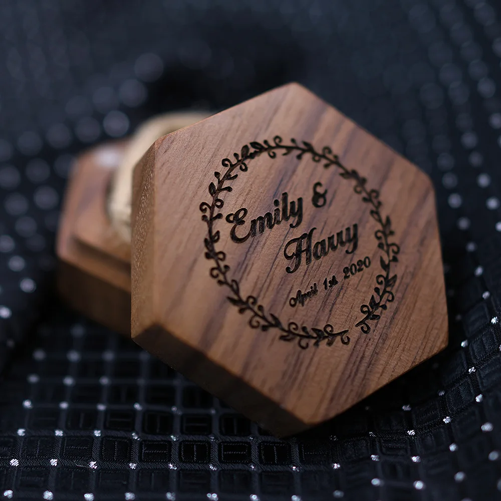 

Personalized engraved name and date wedding proposal ring box hexagonal antique wood wedding ring box