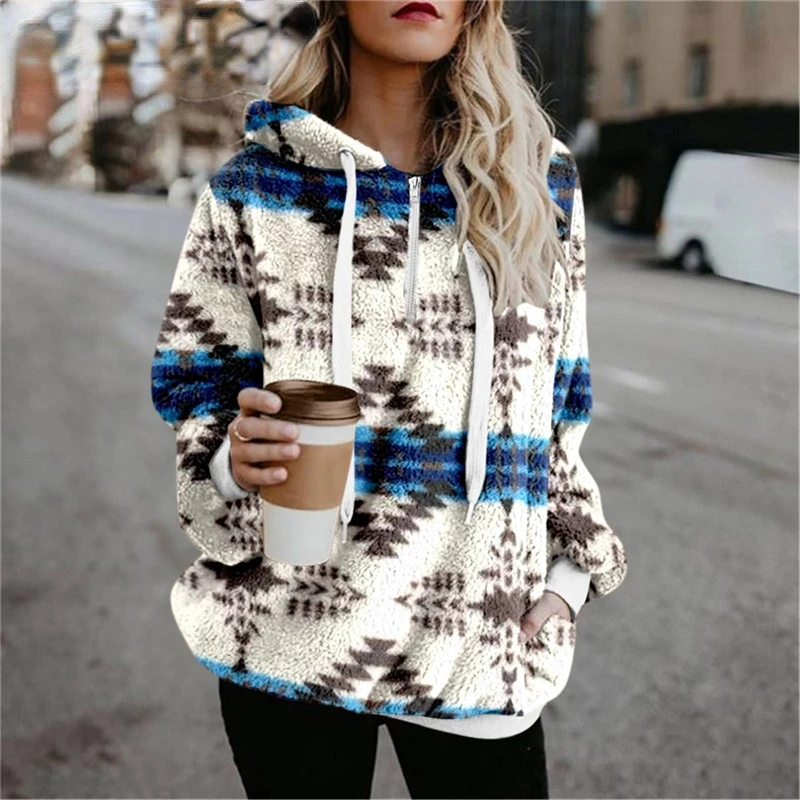 

Women Ethnic Print Hooded Sweatshirt 2022 Autumn Winter Warm Long Sleeve Casual Hoodies Collar Female Drawstring Pullovers Tops