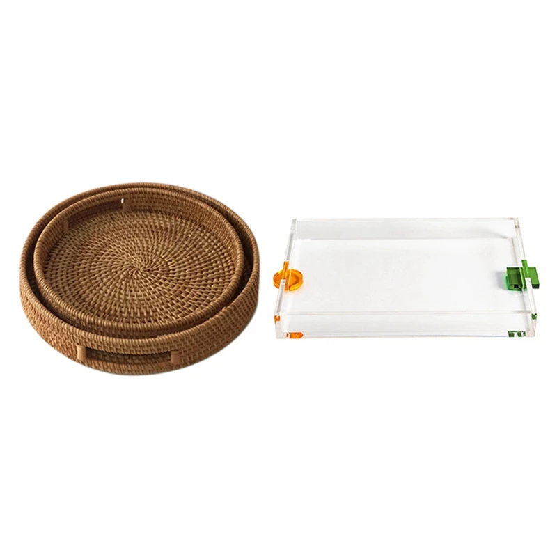 

2 Pcs Rattan Hand Woven Round High Wall Severing Food Storage Platters Plate & 1 Pcs Acrylic Serving Tray