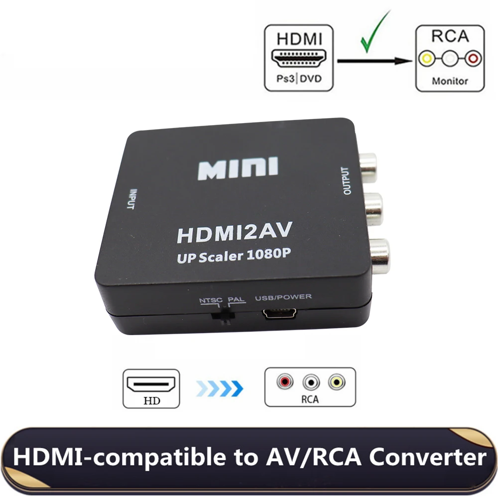 Мини-преобразователь видео HDMI2AV HD 1080P HDMI-совместимый с RCA AV/CVBS адаптер для PS3 VCR DVD