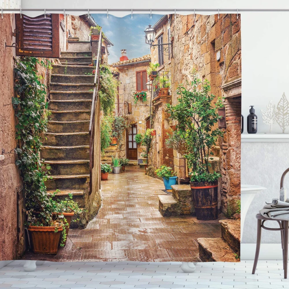 

Занавеска для душа с изображением старой средиземноморской улицы и каменных скальных домов в итальянском городе, тканевая занавеска для ванной комнаты с сельским принтом