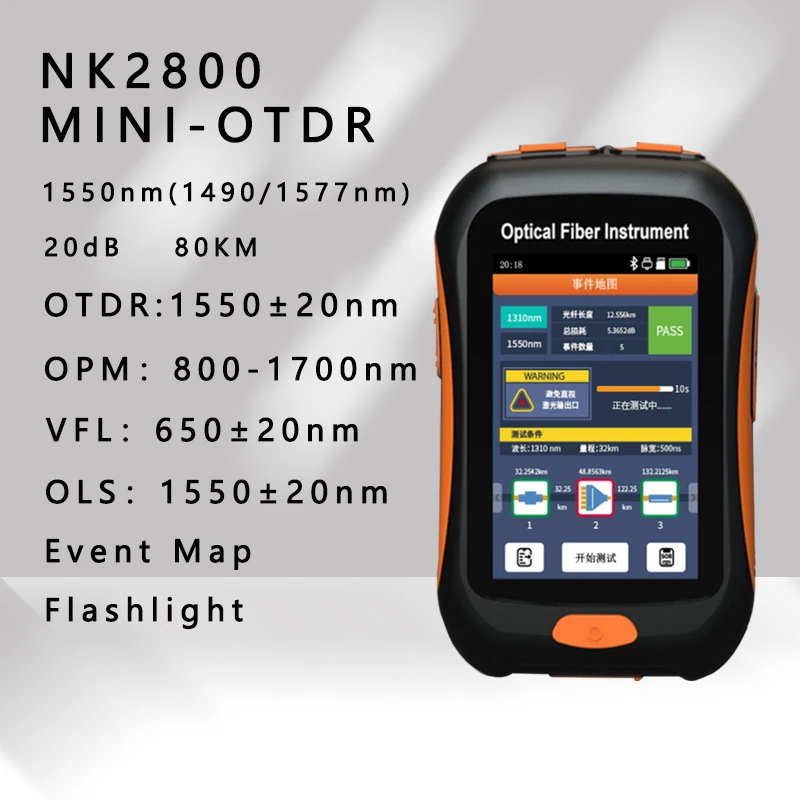 

Mini OTDR Active Fiber Live Test 1550nm（1490/1577nm） 20dB Optical Fiber Reflectometer Touch Screen OPM VFL OLS Event Map