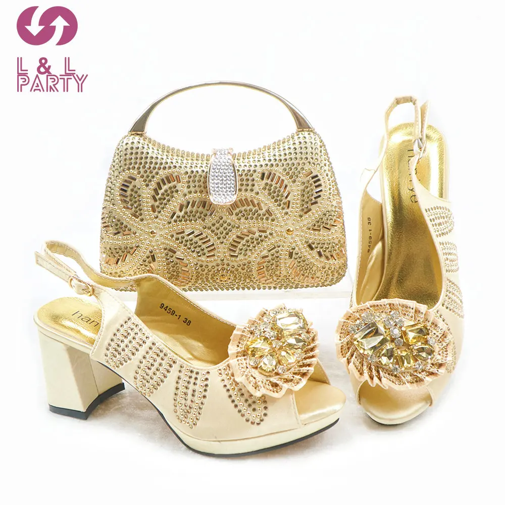 

Модные новые поступления, итальянская женская обувь и сумка, подходящие к золотистым цветам, высокое качество с блестящим кристаллом для свадьбы