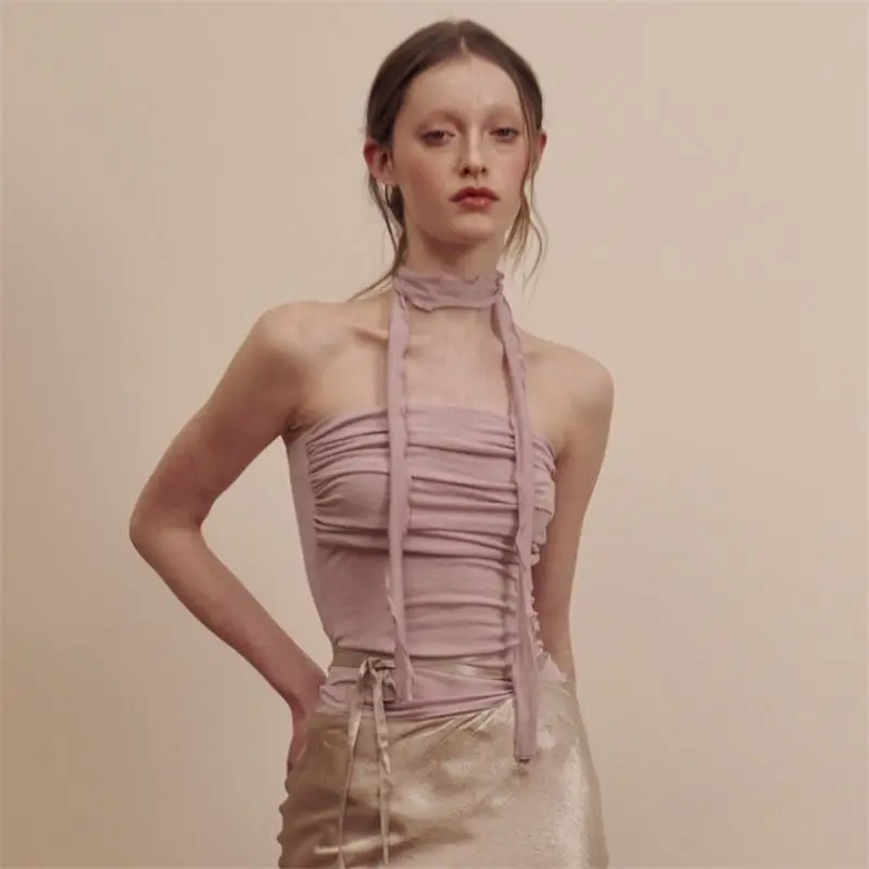 

Женский укороченный топ с рюшами Y2K, летний облегающий Топ без рукавов, элегантный однотонный плиссированный топ с бретелями, 2023