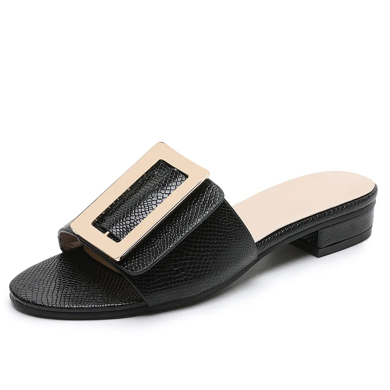 

Summer New Women Slippers Fashion All-match Low-heeled Sandals Casual Wear Metal Square Buckle Large Size Beach Shoes Slides