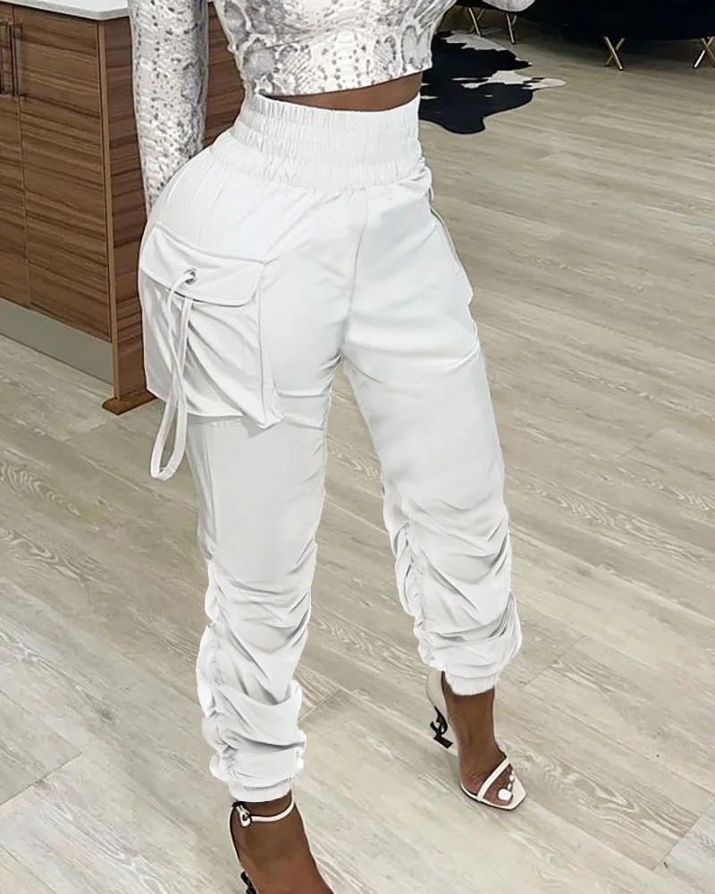 Pocket Design Ruched Cargo Pants Women Spring Summer White Elastic Fashion Casual Ankle Length Pants Trousers