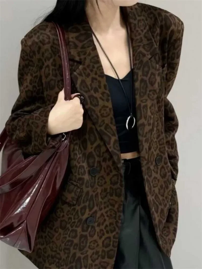 Корейский модный ретро костюм с леопардовым принтом куртка для женщин осенний
