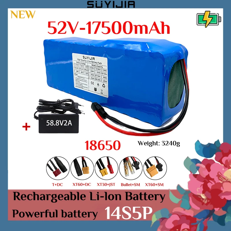 

52V 14S5P Lithium Batteries Pack 18650 17500mah Built-in Smart BMS for E-Bike Unicycle Scooter Wheel Chair with 58.8V 2A Charger