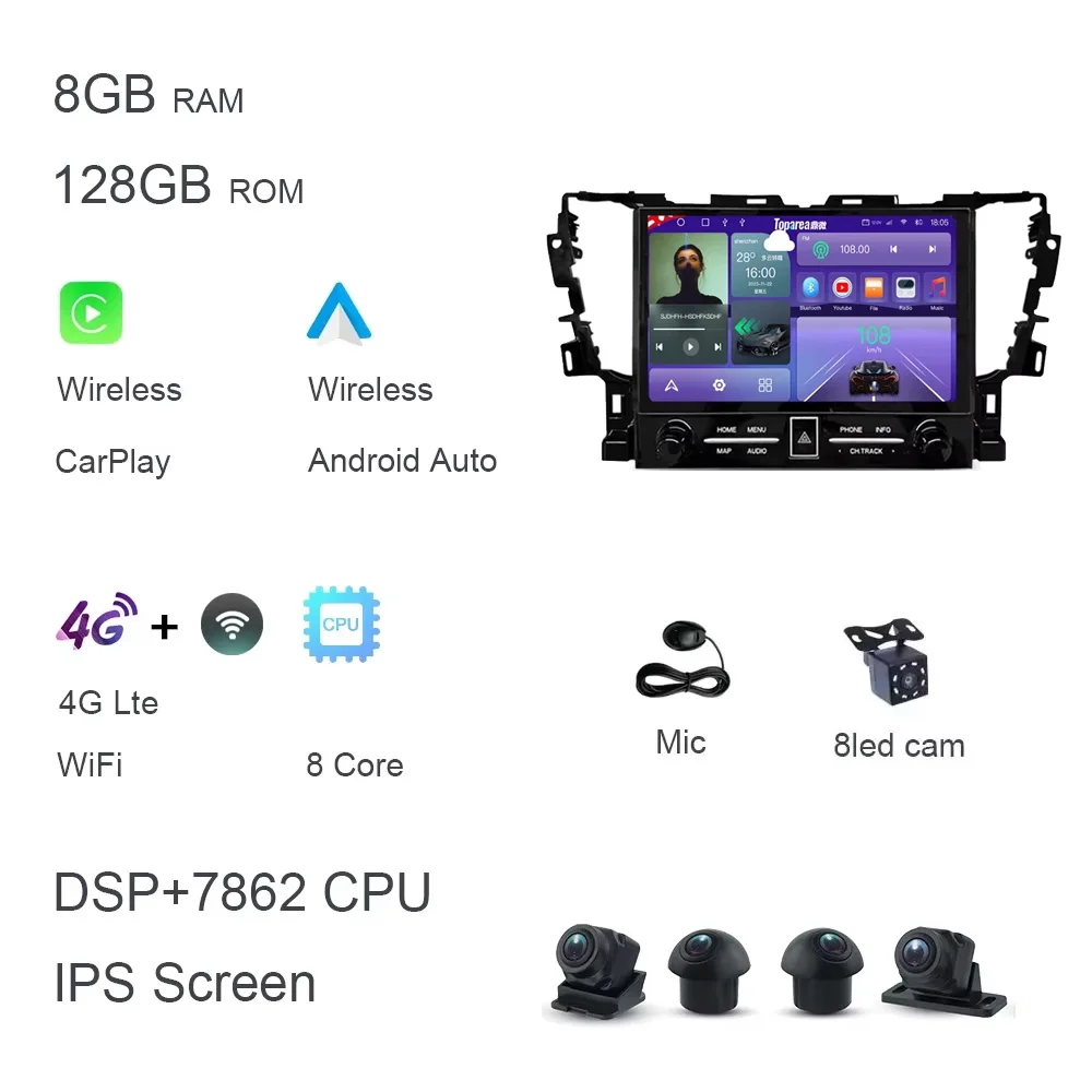 

2K 11,3 "Carplay Android 14.0 8G + 256G автомобильный радиоприемник мультимедийный плеер GPS-навигация Wi-Fi для Toyota Vellfire Alphard 30 2015-2019