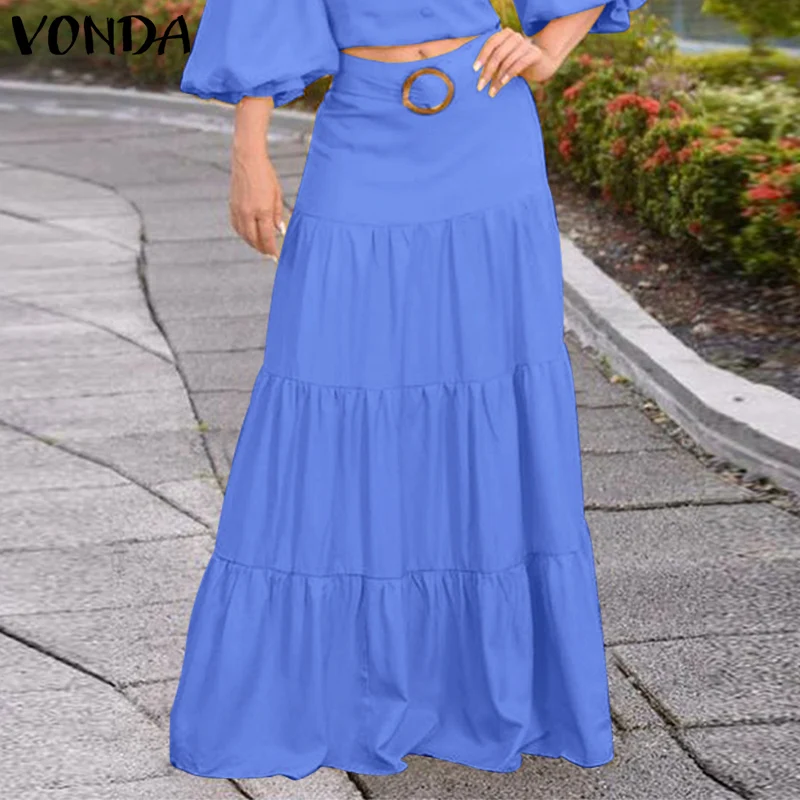 

VONDA Spring Women Elegant Party Skirts Zipper High Waist Pleated Faldas Saia Streetwear Oversize Solid Long Maxi Skirts Female