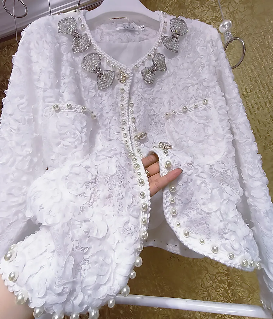 Luxury White Moonlight Perfect Jacket Women Heavy Industry Little Fragrant Fairy Rhinestone Phalaenopsis Knot 3D Flower