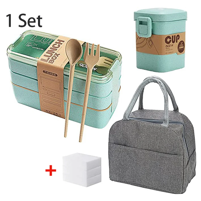 3 Layer Wheat Straw Lunch Box with Bag Japanese Microwave Bento Box with Fork Spoon Food Container for Student Office Staff