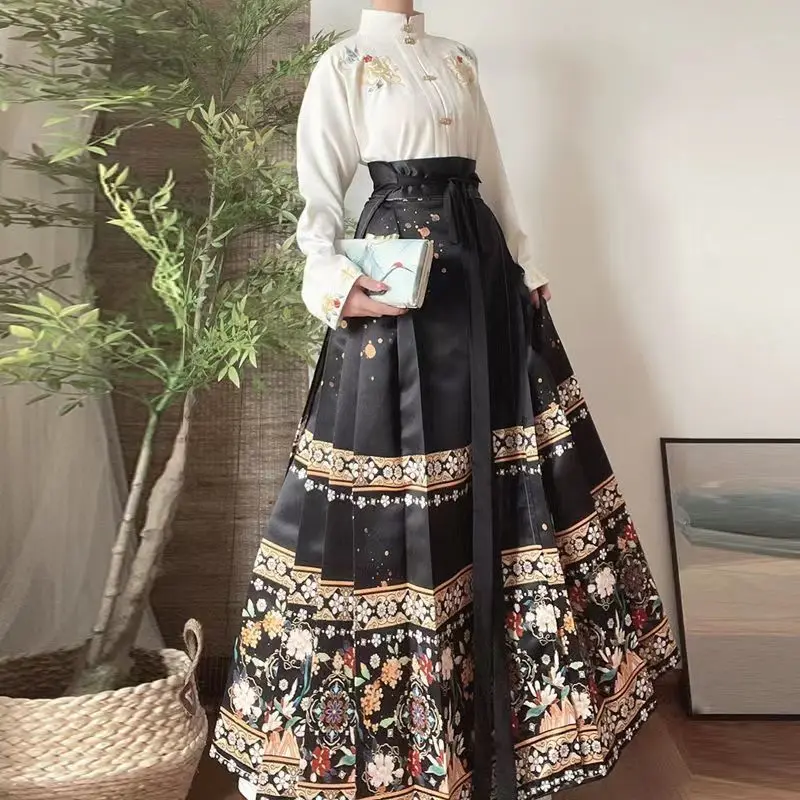 

Element Embroidered Daily Horse Face Skirt Suits Original Ming Dynasty Hanfu for Women Double Breasted Standing Collar Shirt Han