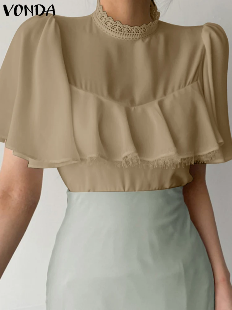 

Women Ruffled Blouse VONDA 2022 Summer Office Lady Short Sleeve Tops Beach Casual Pleated Tunic Elegant Party Blusas Femininas