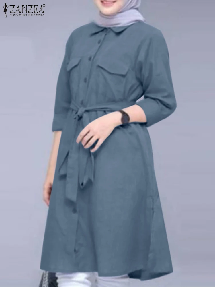 

ZANZEA Fashion Solid Color Muslim Shirt Summer Long Sleeve Blouse Woman Vintage Loose Tops Elegant Belt Chemise Islamic Clothing