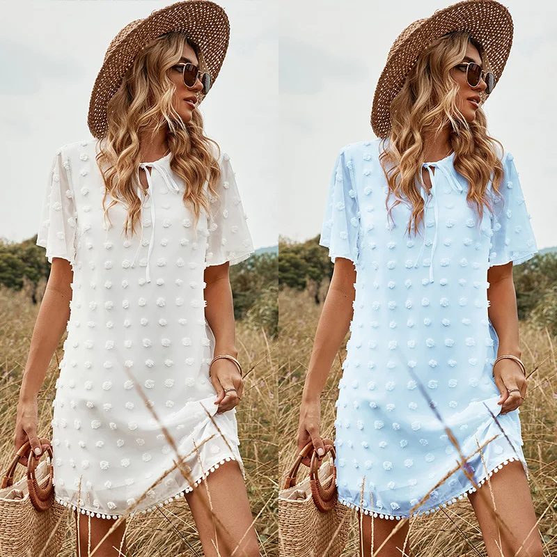 

Cekcya Jacquard Polka Dot Short Beach Dress Outing Summer White Pareo Bohemian Chiffon Sexy Beachwear Cover Up 2022 Tunic