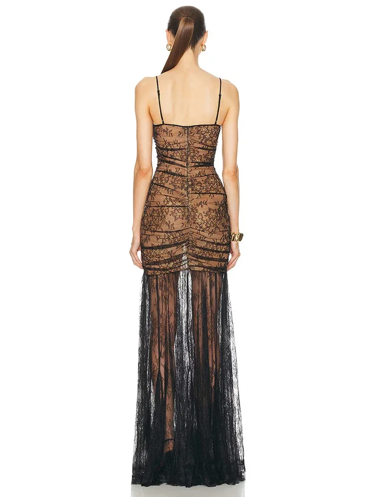 Сексуальные кружевные лоскутные платья макси на тонких бретельках для женщин