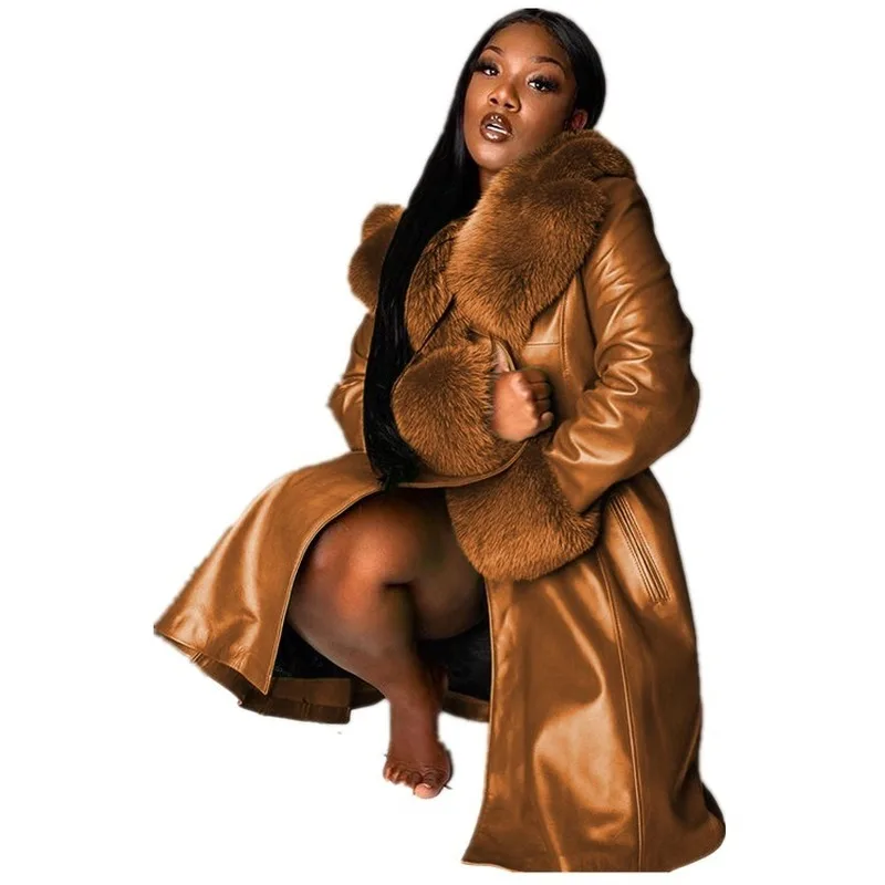 Faux Leather Jacket Ladies Winter Fashion Big Size Coat PU Fur Collar Big Fur Collar Temperament Commuter Belt Ladies Clothing