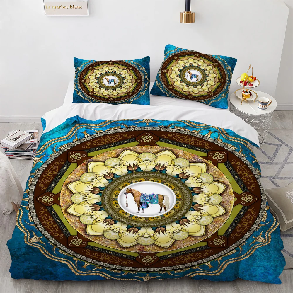 

Mandala Duvet Cover Set Boho Style Horse Pattern Chic Polyester Comforter Cover King Twin Size for Teens Adults Kids Bedding