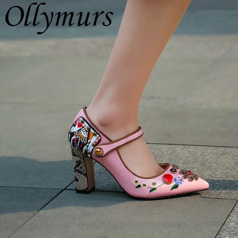 

Ollymurs New Vintage Reinestone Deco High Heels Pointed Toe Mary Jane Pumps Shoes Women