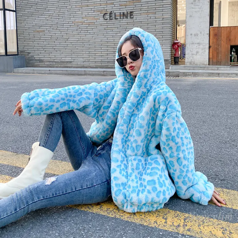 2022 Autumn and Winter New Blue Color Leopard Print Faux Fur Coat Hooded Mid-Length Cute Sweet Girl Loose Street Overcoats