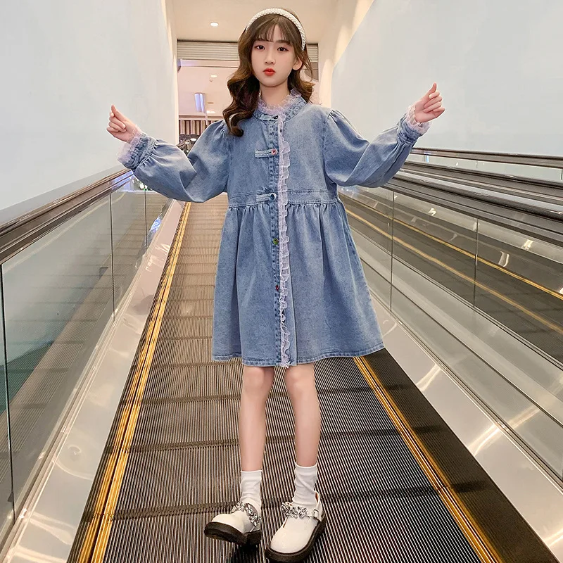 

Girls Denim Dress Spring Autumn Loose Kids Clothes Lace Collar Long Sleeved Girls Party Dresses Button Teens Children Clothing
