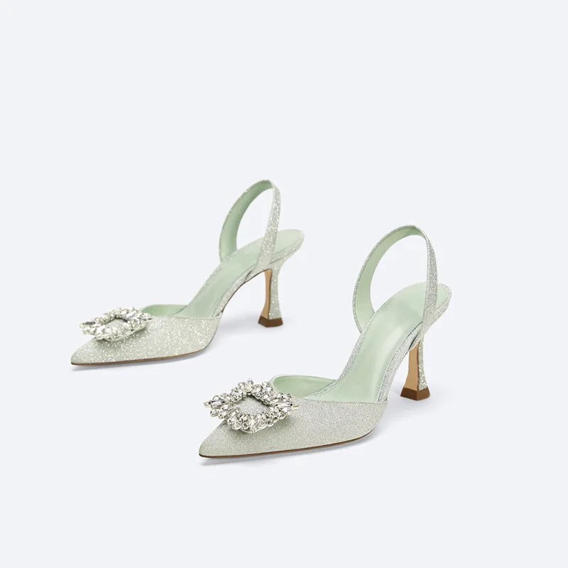 2023 New High Heels Pointed Rhinestone Transparent Belt Thin Heel French Sandals for Women