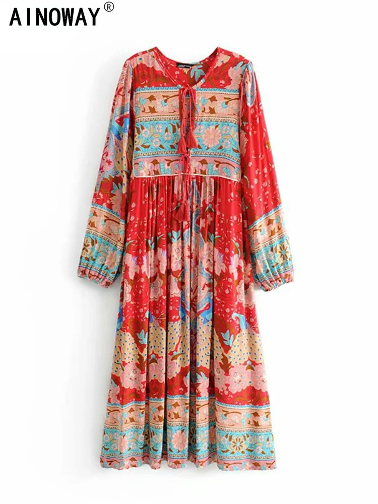 

Винтажное шикарное модное женское Платье макси с длинным рукавом и бахромой, красное пляжное богемное платье с цветочным принтом, женское хлопковое плиссированное платье в стиле бохо, Халат