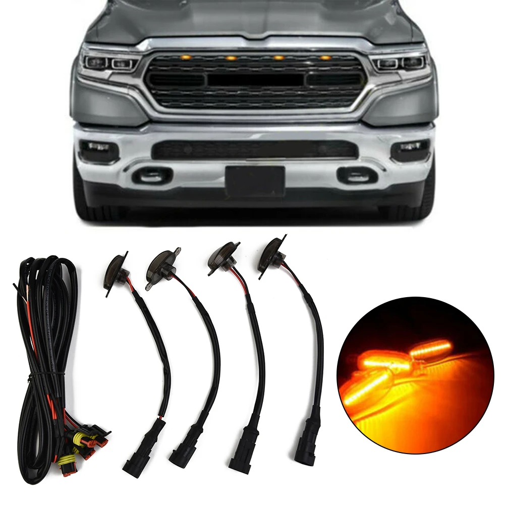 

4 PCS Car Smoked Lens Amber LED Front Grille Running Lights Lamps For Ram 1500 High Quality Auto Light Accessories ABS Plastic