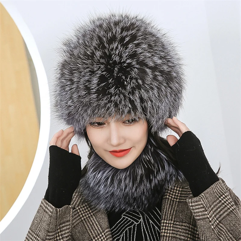 Fox Fur Hat 2022 Women's Winter Warm Ear Protection Genuine Grass Fox Fur Pullover Hat Scarf Russian Bucket Hat