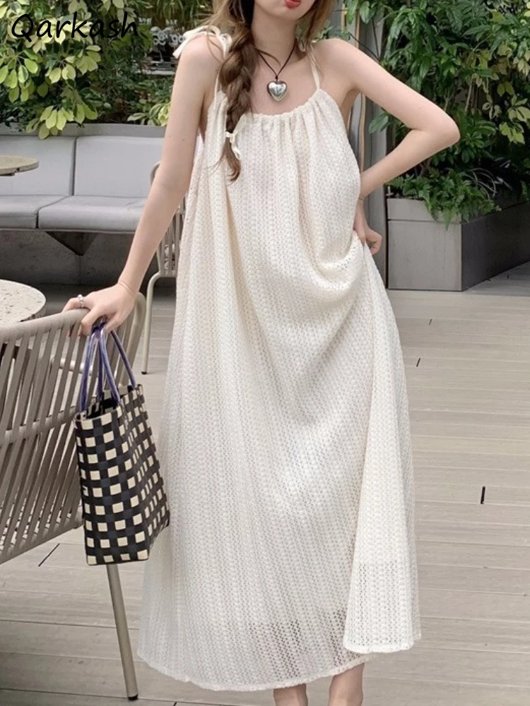 

Spaghetti Strap Maxi Dress Women Baggy Vintage Hollow Out Vacation Summer Temper Casual Lady Tender Aesthetic Daily Vestidos New