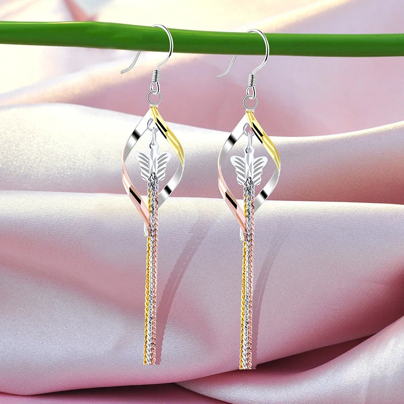 

Earrings Women's Elegant 925 Colored Gold-Plated Sterling Silver Tassel Butterfly Earrings Luxurious Long Colorful Silver Earrin