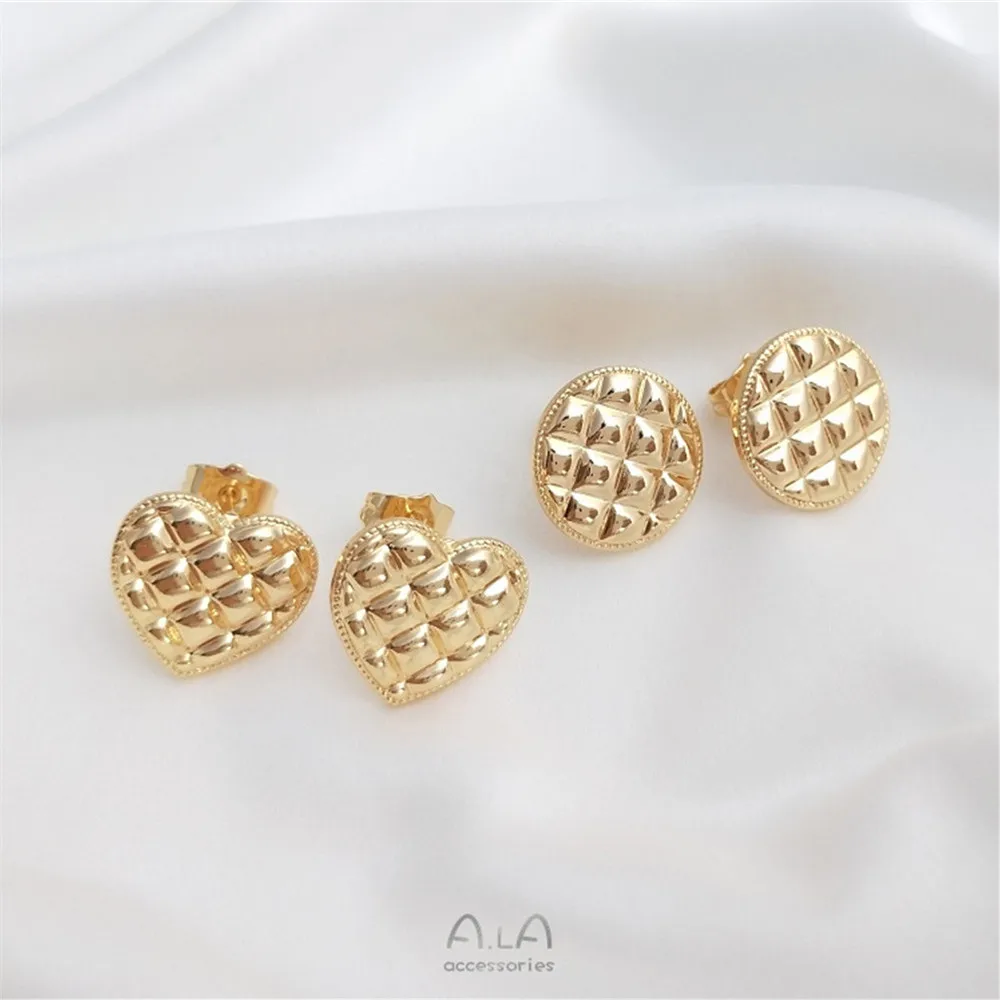 

S925 Silver needle retro button Shape Japanese small incense style grain round heart ear stud copper bag 14K gold