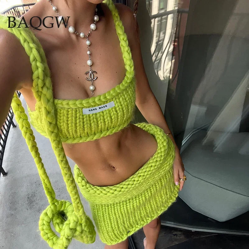 

Elegant Knitted Sweater Two Piece Set Women Chic Solid Hipster Summer Trend Camisole+Lapel Skirts Streetwear Matching Outfits