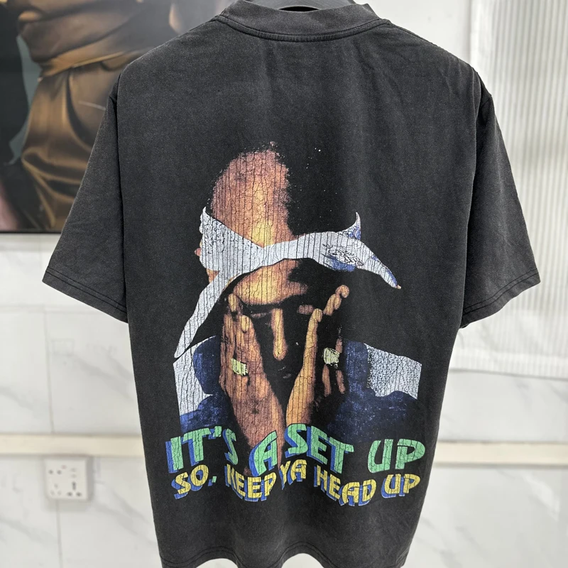 Потертая футболка Tupac с круглым вырезом и коротким рукавом High Street Trend мужская