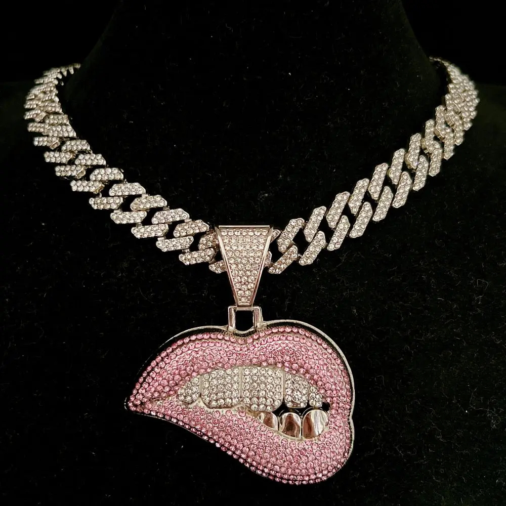 AAA Rhinestone Iced Out Miami Cuban Link Chain Sexy Biting Lips Pendant Necklace For Men's Chains Hip Hop Jewelry Women |
