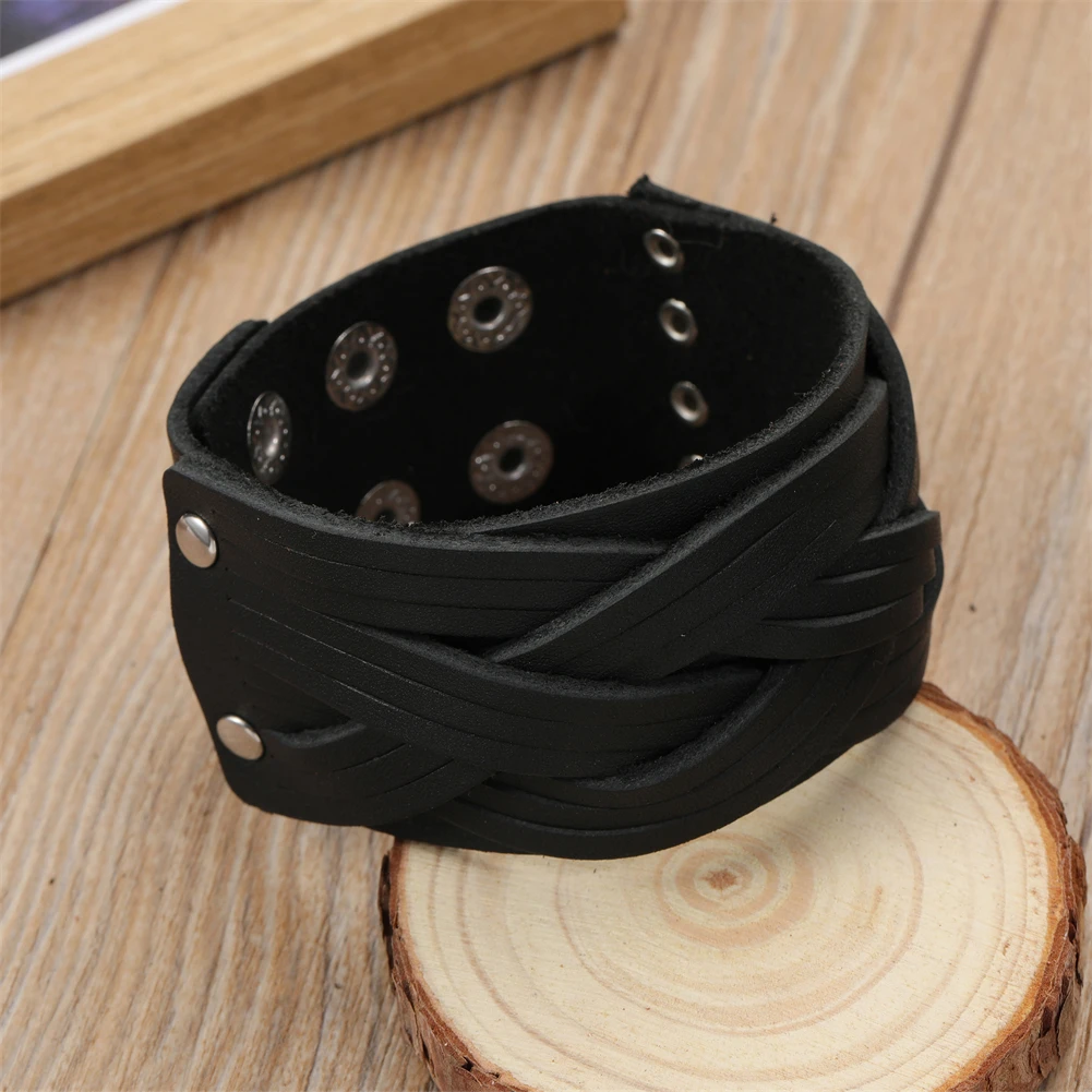 

2023 Charm Jewelry Handmade Weave Genuine Leather Bracelet Men Vintage Cuff Wide Leather Bracelet Pulsera Hombre