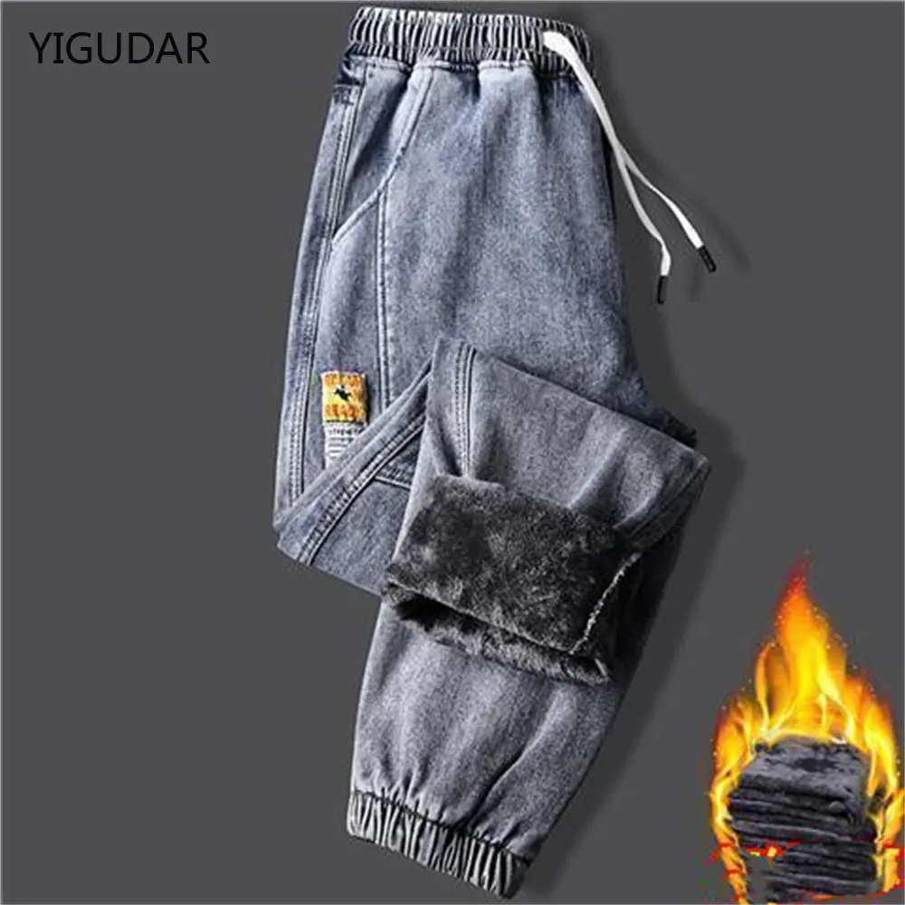 2022 New Men's jeans Winter Fleece Jeans Thick Warm Denim Pants Men Streetwear Black Joggers Harem Jean Thermal Trousers