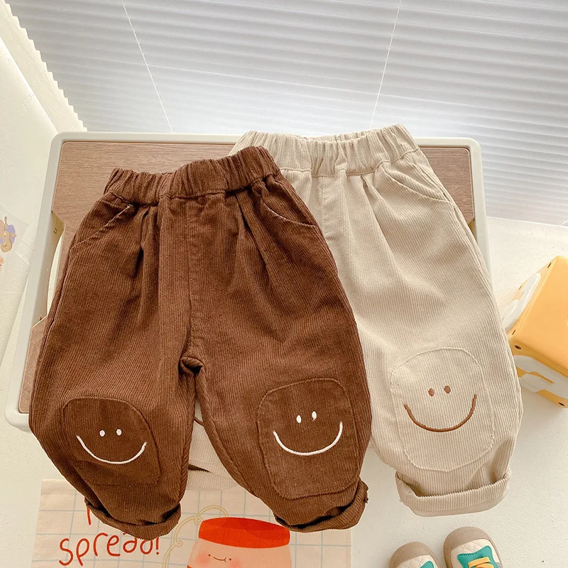 

1-6Y Baby Boys Girls Corduroy Trousers Smiling Face Pants Unisex Children's Casual Pants Solid Korean Style Baby Loose Trousers