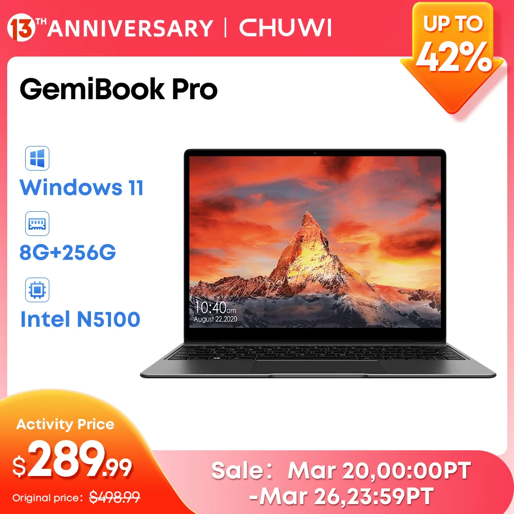 CHUWI GemiBook Pro 14 inch 2K Screen Laptop 8GB RAM 256GB SSD Intel Celeron Quad Core Windows 11 Computer with Backlit Keyboard
