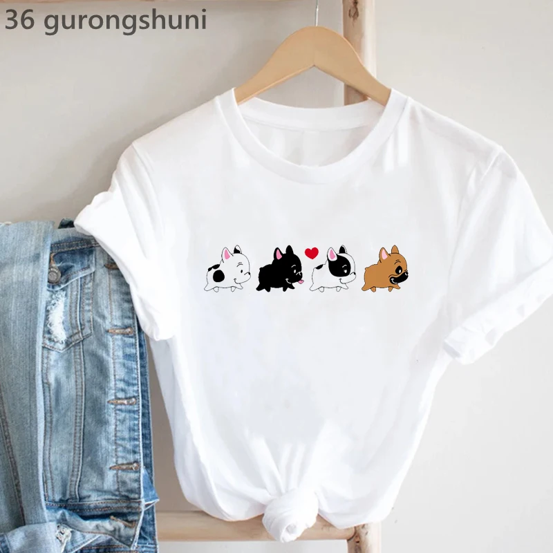 Kawaii Frenchies In Love Animal Print T-Shirt Women'S Clothing French Bulldog Tshirt Femme Harajuku Clothes Dog Lover T Shirt