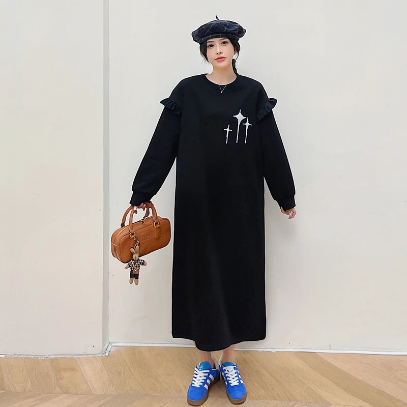 Осенне-зимнее длинное платье большого размера черное женское свободное