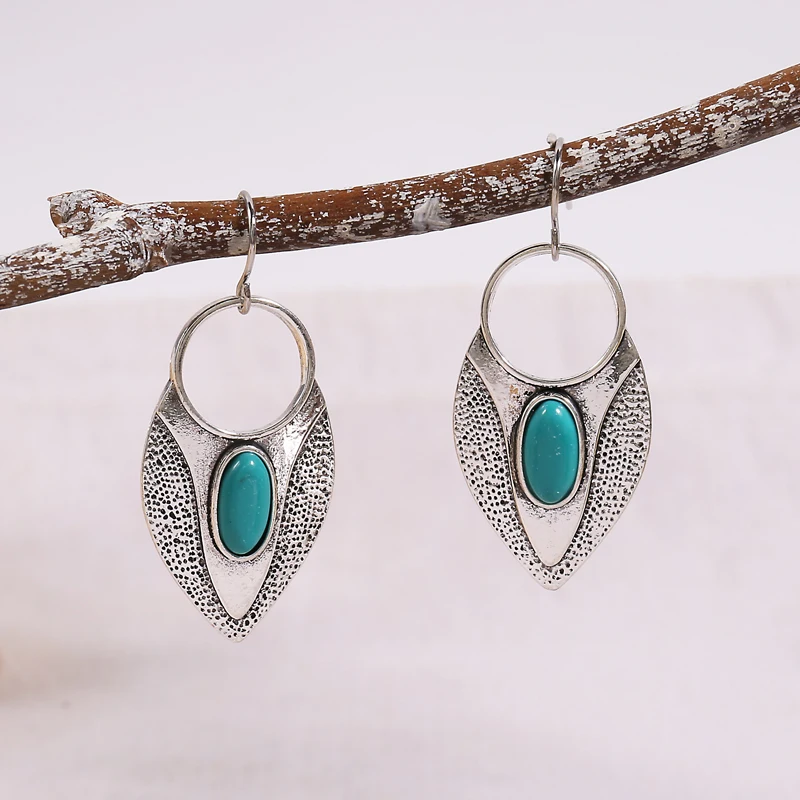 

Unique Oval Blue Beads Dangle Hook Earrings For Women Girls Boho Silver Color Leaves Statement Bijoux Party Gift Pendientes