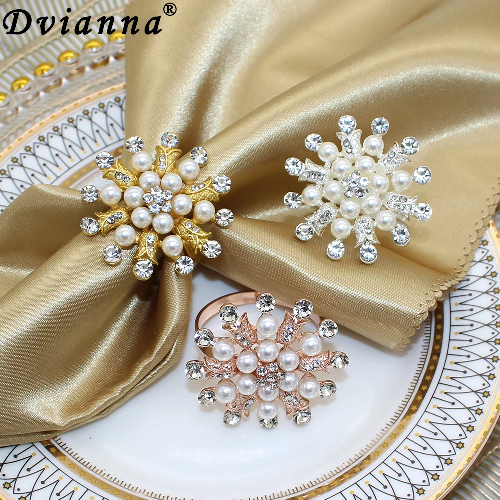 

6/12Pcs Flower Pearl Rhinestone Napkin Ring Holder for Christmas Thanksgiving Wedding Banquet Home Table Decorations HWP10