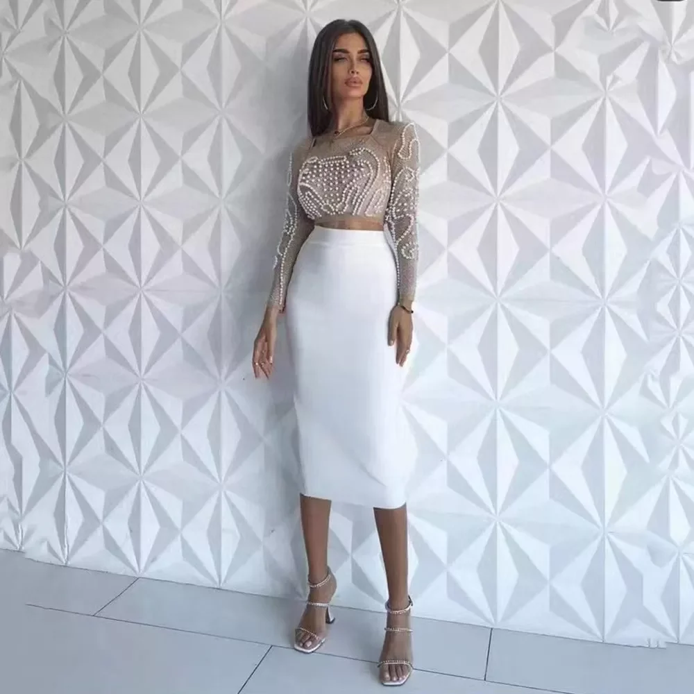 

New 2 Piece Set Beading Sexy Top Bandage Skirt Two Piece Sets Suits Women Autumn Winter Bodycon Clothes
