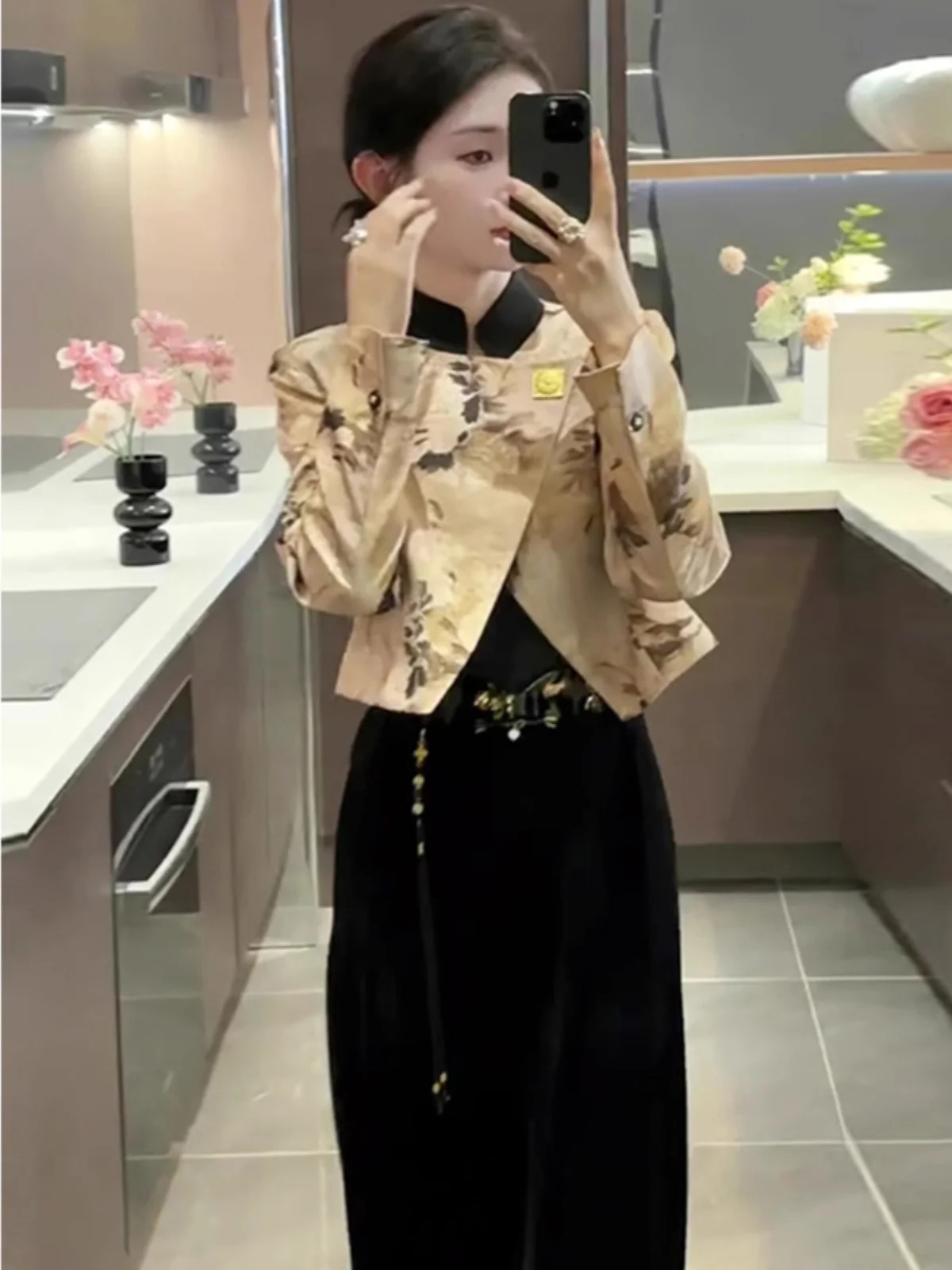 Autumn Match a Whole Set Women Fashionable New Chinese Sle Zen Outerwear Wide Leg Pants Slim Temperament Two-piece
