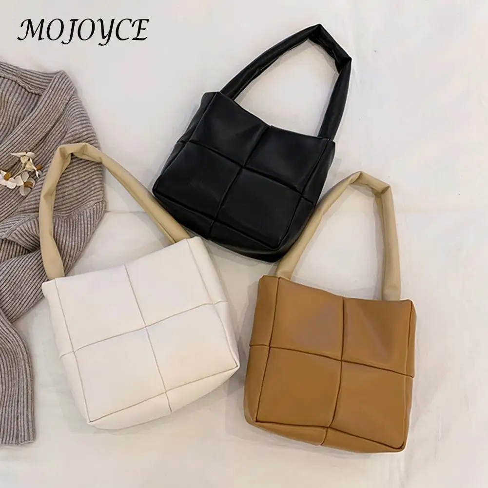 

Luxury designer female bag Women PU Cotton Padded Checkered Handbag Lady Solid Color Top-handle Bag Fashion Simple Shoulder Bag
