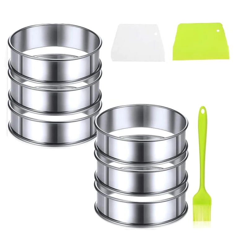 

6 Pcs Double Rolled Tart Rings Stainless Steel Muffin Rings with 2 Dough Scrapers and Oil Brush for Home Cooking Baking