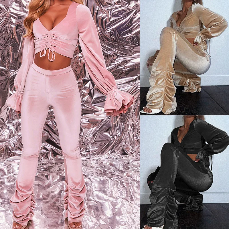 

Женская одежда осень-зима 2022, пикантный Топ с длинным рукавом и открытым пупком, однотонные брюки с микро-колокольчиком, комплект из двух предметов