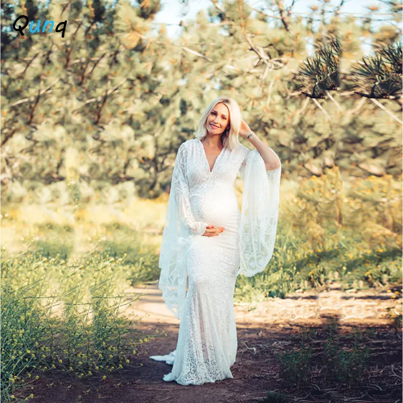 

Qunq Autumn Winter Women Solid Flare Sleeve Sexy V Neck Lace Perspective Sweet Slim Maxi Dress Casual Maternity Prom Dresses